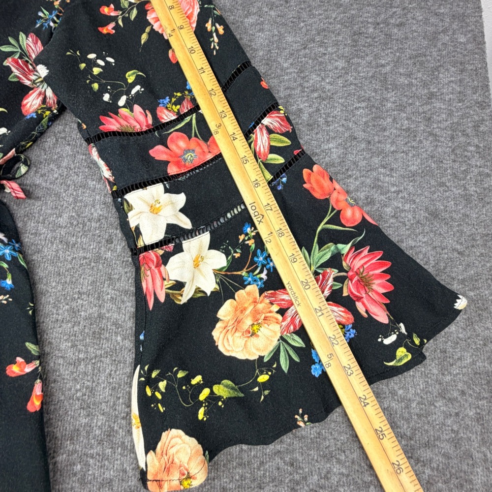 Farm Rio Black Floral Wrap Maxi Dress Bell Sleeve Tassel Boho Women Large L - Picture 6 of 10